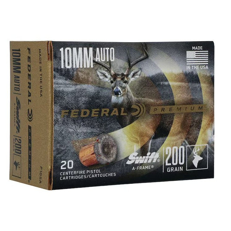 Federal Premium 10mm Auto 200 grain Swift A-Frame hunting ammunition, nickel-plated brass, controlled expansion — available at Glenwood Springs Outdoors, Glenwood Springs, CO