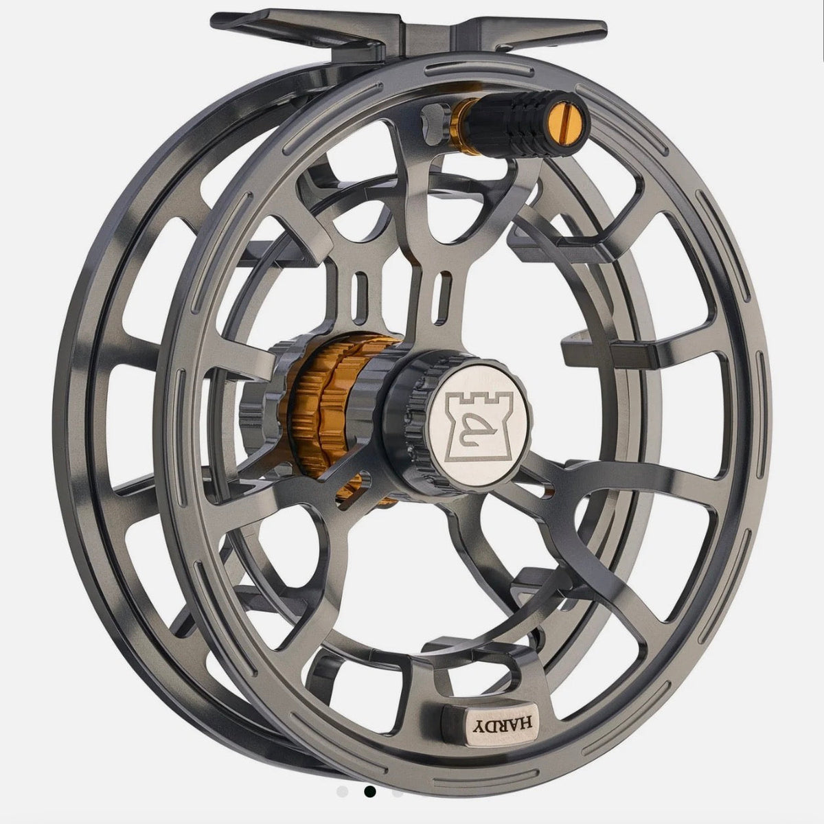 Hardy Averon 5000 large-arbor fly reel in gunmetal grey with open spool, gold drag knob, and Hardy castle logo for 7-9wt fly fishing
