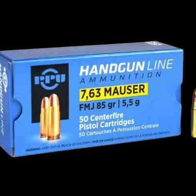 PPU 7.63mm Mauser 85gr FMJ ammunition — 50-round box for Mauser C96 Broomhandle pistols