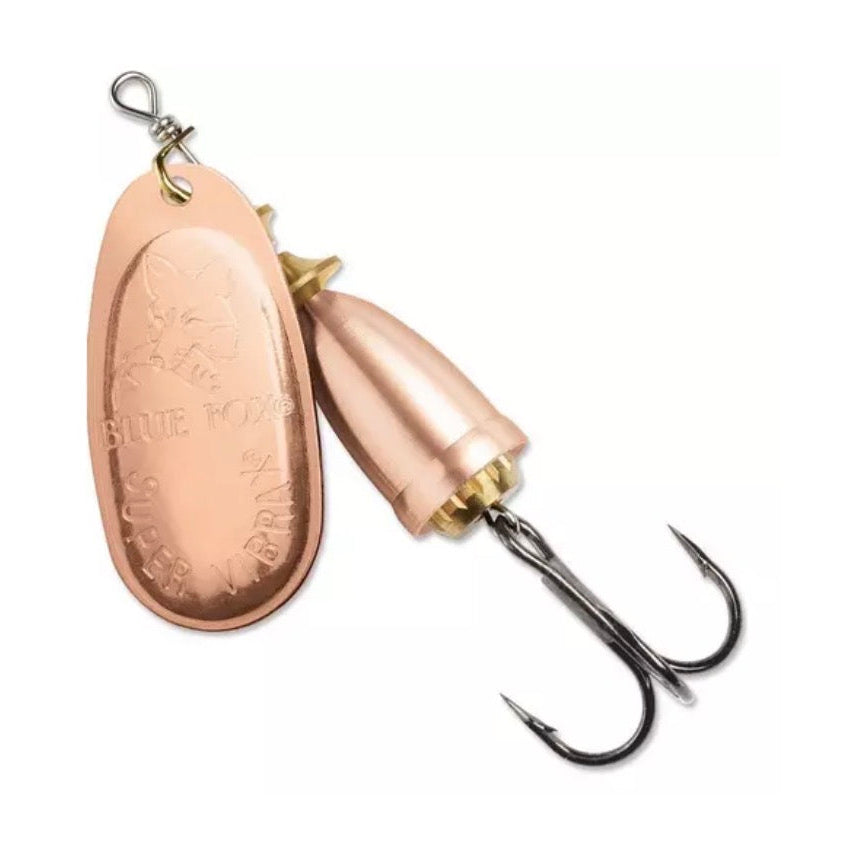 Blue Fox Vibrax #1 Copper inline spinner with full copper blade, copper bell body, brass hardware, and sharp treble hook for trout and bass fishing