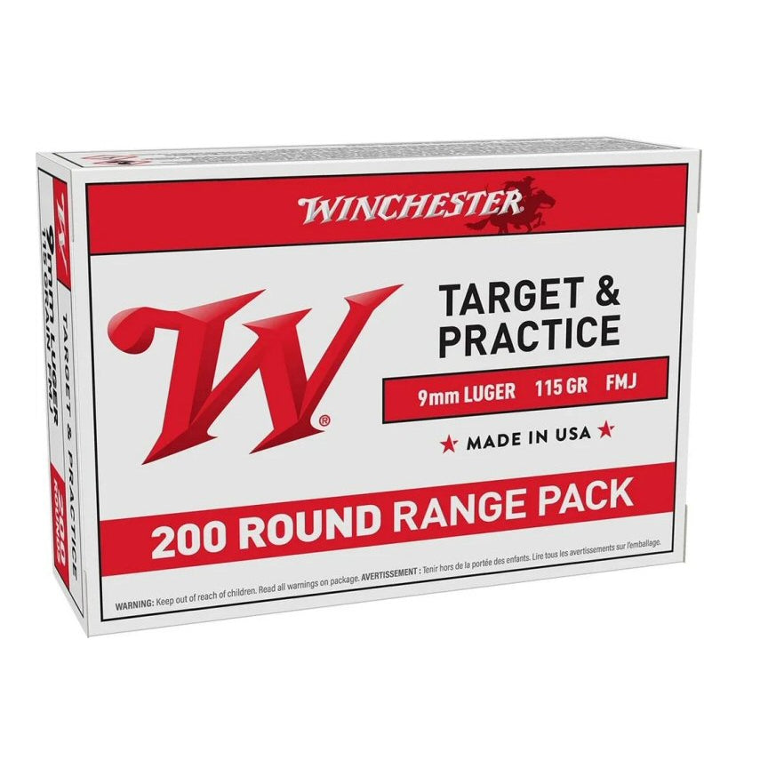 Winchester 9mm 115-grain FMJ centerfire handgun ammunition, 200-round value pack for range training
