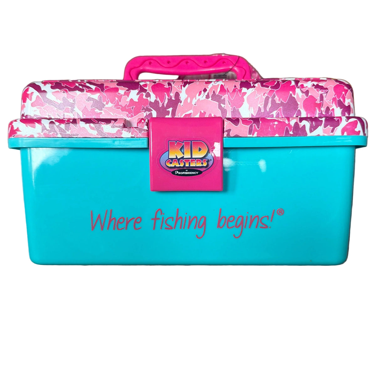 Kid Casters Play Box fishing starter kit for kids — teal tackle box with pink camo lid and pink handle, by Profishiency, Where fishing begins
