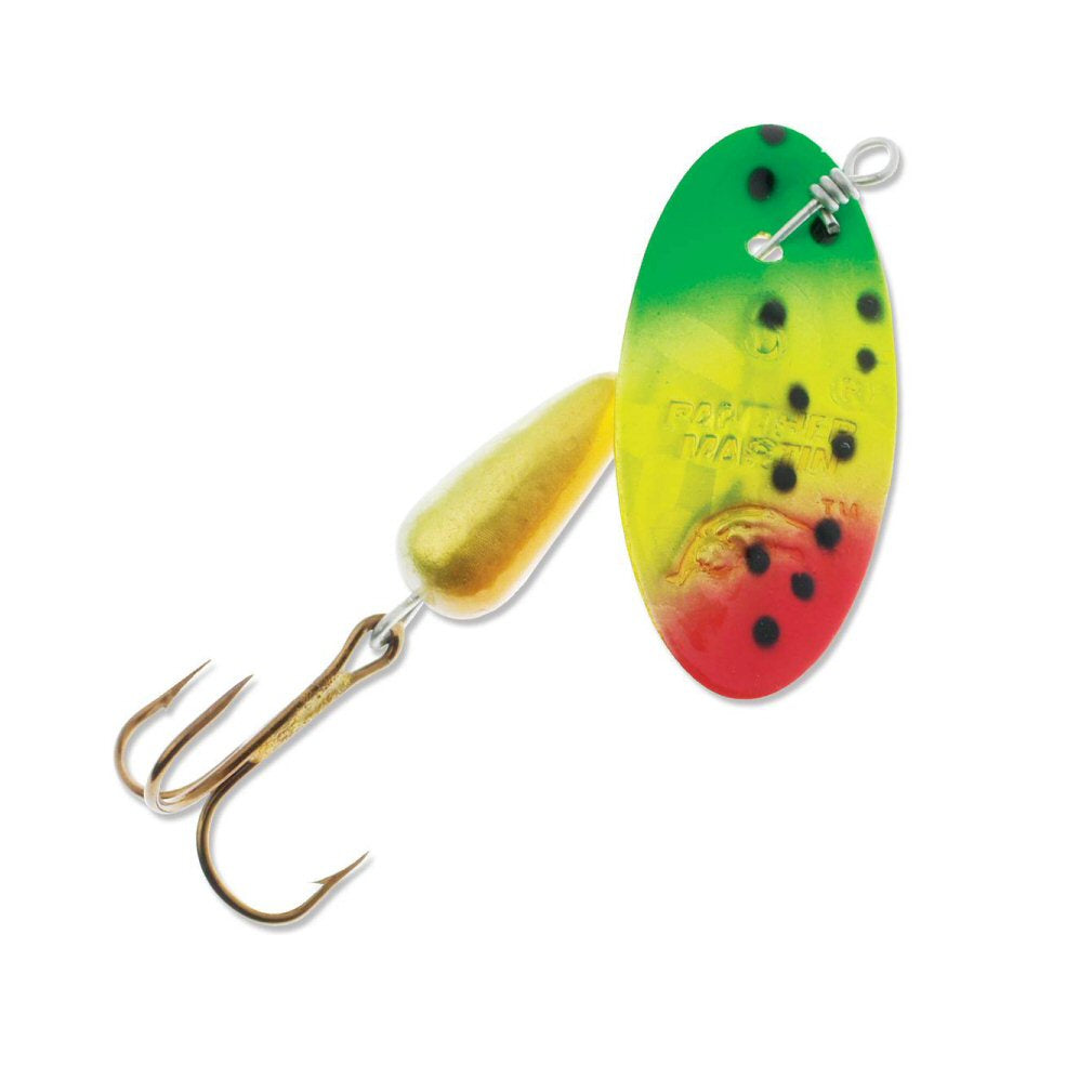Panther Martin 1/8oz Fire Tiger Holographic spinner — high-visibility chartreuse inline trout spinner for Colorado rivers and streams, available at Glenwood Springs Outdoors