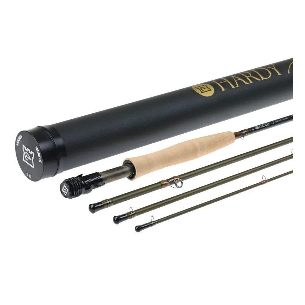 Hardy Marksman 9-foot 4-piece fly rod in olive green with cork grip, Hardy reel seat, and branded rod tube, available in 4wt and 5wt