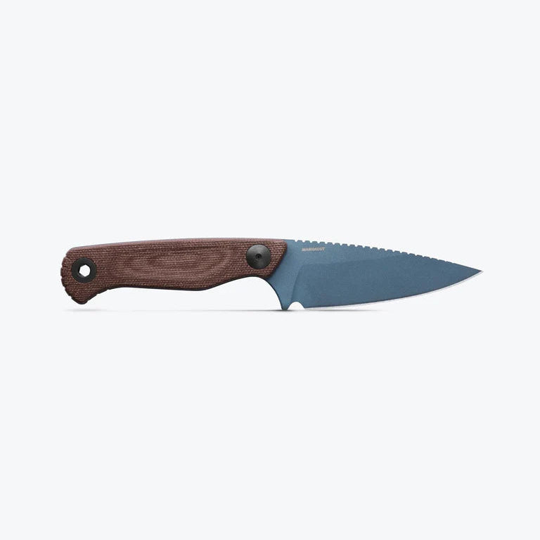 Benchmade Dacian 203BT-03 fixed blade knife with MagnaCut steel, blue titanium Cerakote finish, brown micarta handle, and scout-carry leather sheath