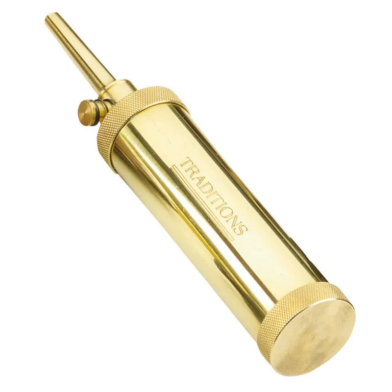 Traditions deluxe powder flask with valve for controlled black powder dispensing in the field