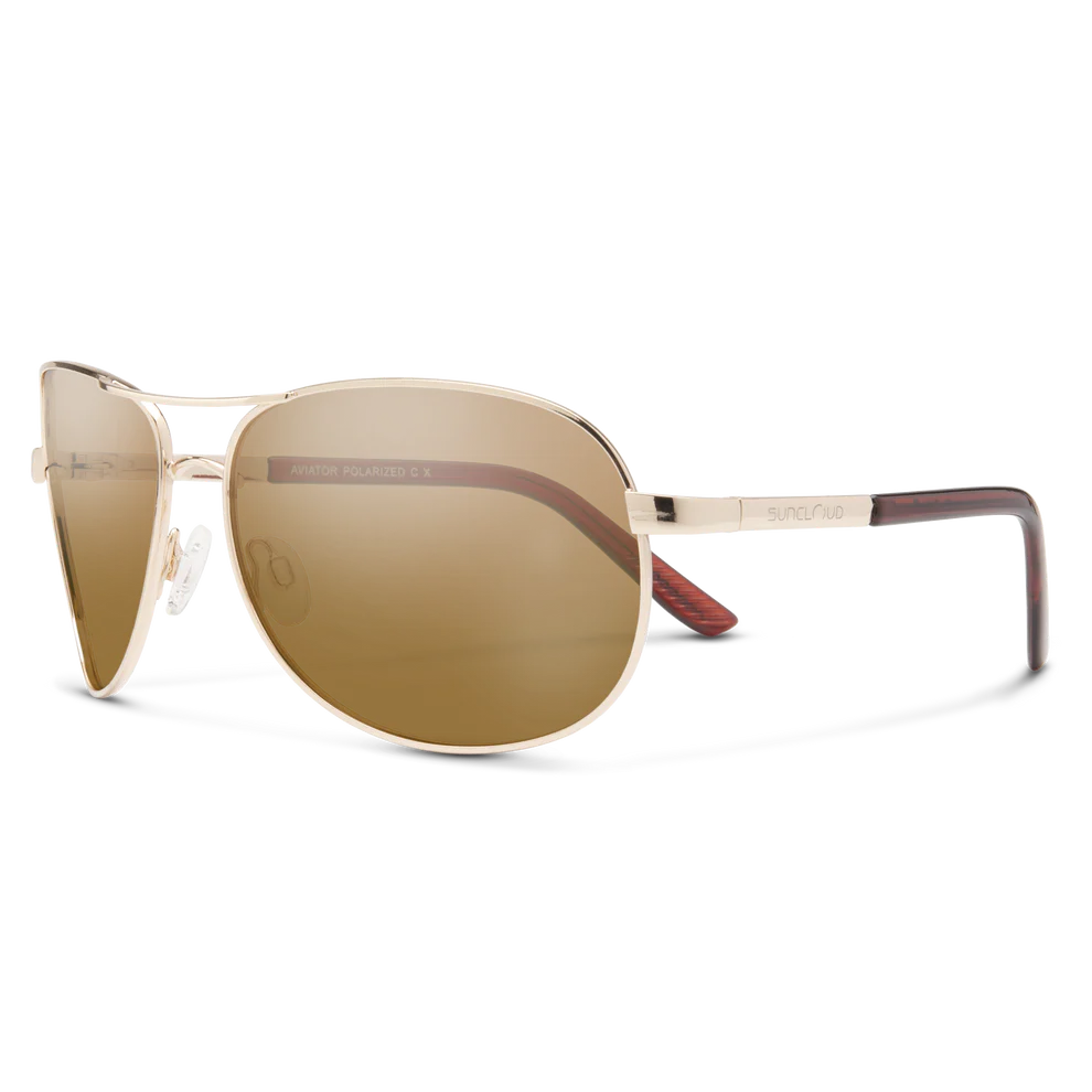 Suncloud Aviator polarized sunglasses in gold frame with polar brown lenses — classic aviator style for fishing and outdoor use, available at Glenwood Springs Outdoors, Glenwood Springs, CO