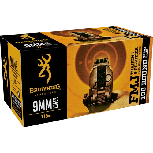 Browning 9mm 115gr FMJ ammunition — 100-round and 500-round boxes for range training