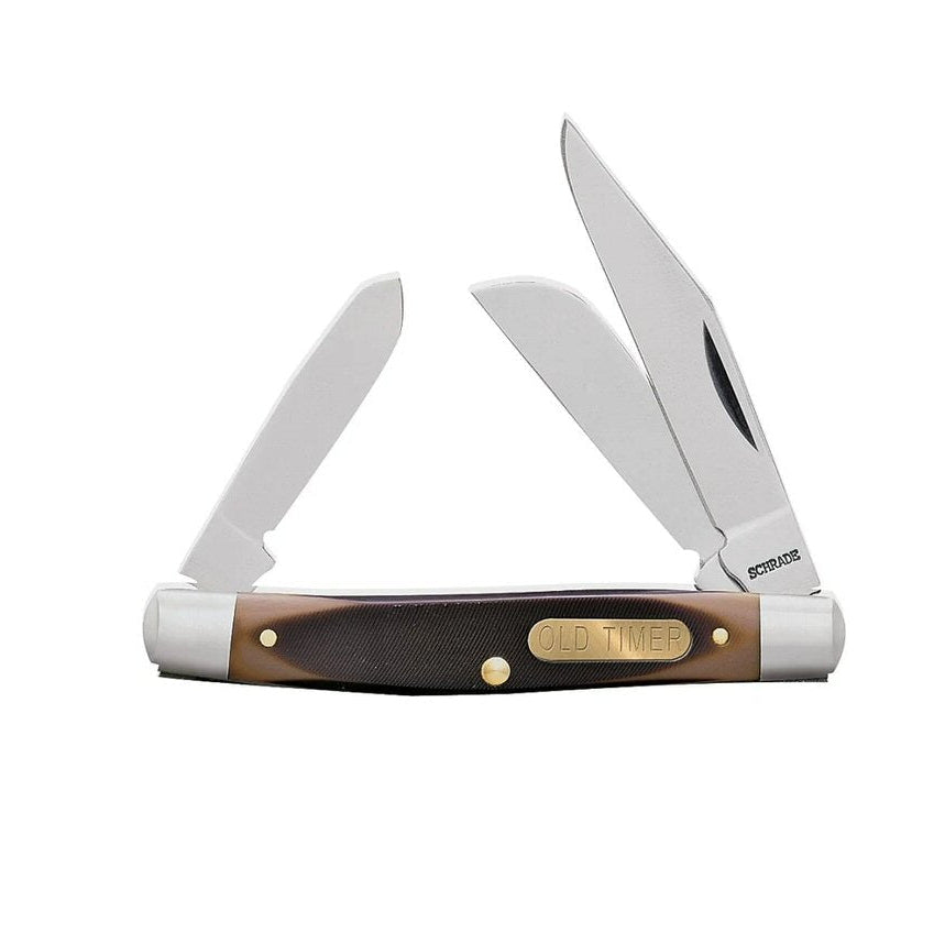 Old Timer Middleman 34OT three-blade pocket knife open showing clip, sheepfoot, and spey blades with brown sawcut Delrin handles, brass Old Timer shield, and nickel silver bolsters