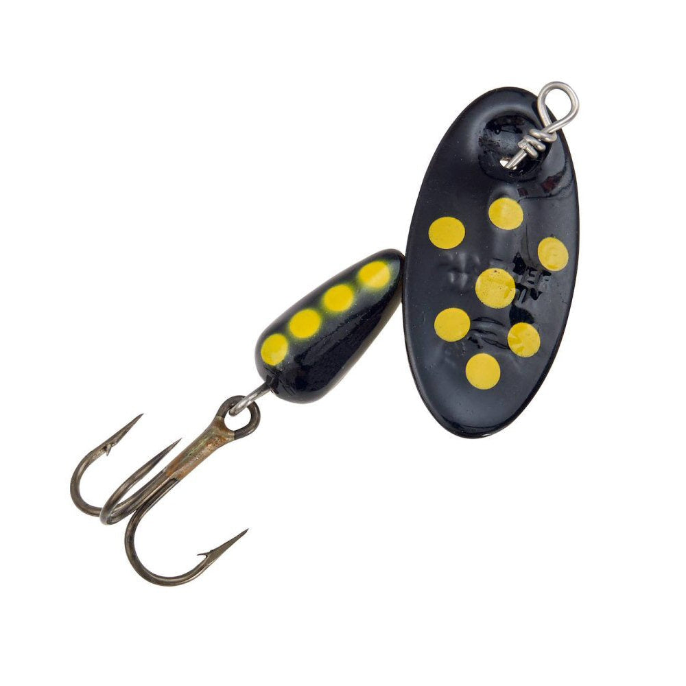 Panther Martin 1/16oz Spotted Black spinner — subtle dark-pattern inline trout spinner for clear, pressured water on Colorado rivers, available at Glenwood Springs Outdoors