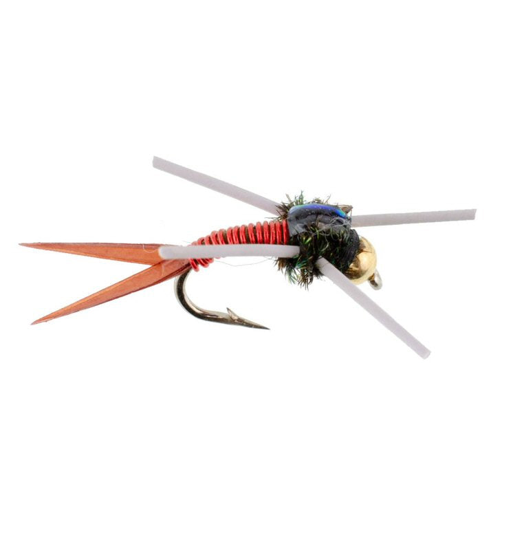 Tungsten bead rubber leg Copper John nymph fly sizes #20 and #22 — attractor nymph for trout fishing on the Roaring Fork and Frying Pan rivers, available at Glenwood Springs Outdoors, Glenwood Springs, CO
