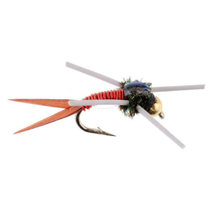 Tungsten bead rubber leg Copper John nymph fly sizes #20 and #22 — attractor nymph for trout fishing on the Roaring Fork and Frying Pan rivers, available at Glenwood Springs Outdoors, Glenwood Springs, CO