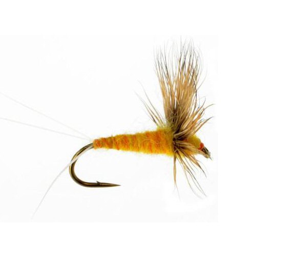 Sulphur Comparadun dry fly — warm amber body with flared deer hair wing, no hackle, on a fine wire hook for PMD and Sulphur hatches