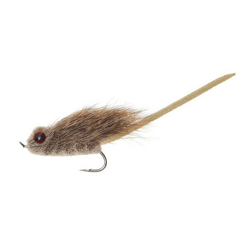 Mighty Mouse Grey terrestrial dry fly — realistic grey and brown deer hair mouse body with red bead eye, long tan rubber tail, and heavy wire hook for skating big trout on Colorado rivers