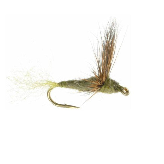 Baetis Sparkle Dun dry fly — dark olive body with flared deer hair wing and trailing Z-lon shuck, imitating a Blue-Winged Olive BWO dun emerging from its nymphal case