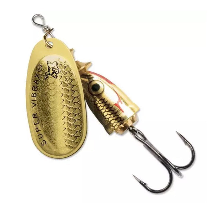 Blue Fox Super Vibrax #1 Gold Fish inline spinner with scale-textured gold blade, fish-head bell body with eye and red gill markings, and sharp treble hook