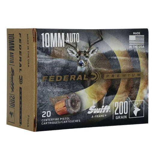 Federal Premium 10mm Auto 200 grain Swift A-Frame hunting ammunition, nickel-plated brass, controlled expansion — available at Glenwood Springs Outdoors, Glenwood Springs, CO