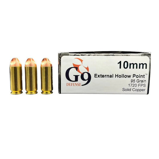 G9 Defense 10mm Auto 95 grain External Hollow Point solid copper defensive ammunition — barrier-blind, cavitation terminal performance — available at Glenwood Springs Outdoors, Glenwood Springs, CO
