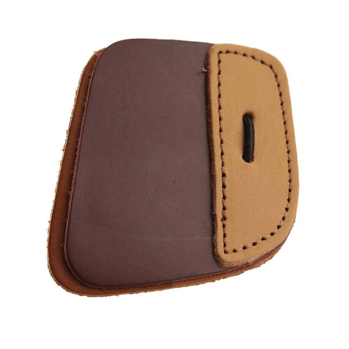 Legacy 3-under finger tab with two-tone leather construction, dark brown release surface, tan backing, stitched edges, and finger slot for recurve and longbow archers