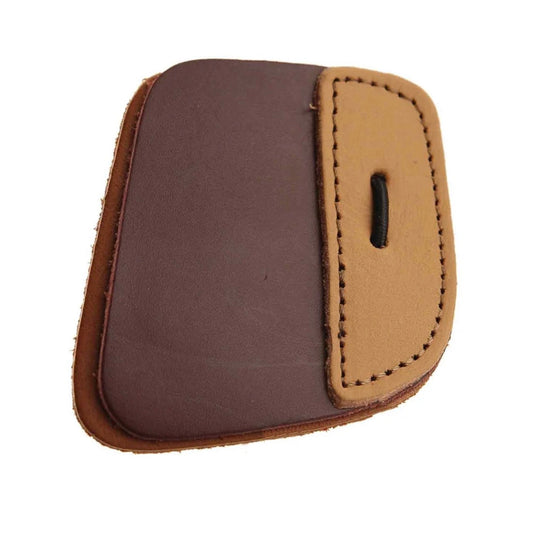 Legacy 3-under finger tab with two-tone leather construction, dark brown release surface, tan backing, stitched edges, and finger slot for recurve and longbow archers