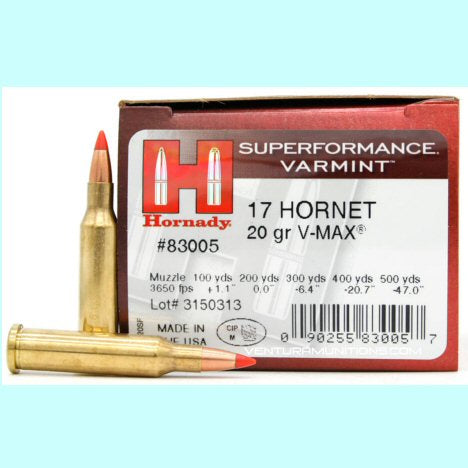 Hornady Superformance Varmint 17 Hornet ammunition packaging on a white background