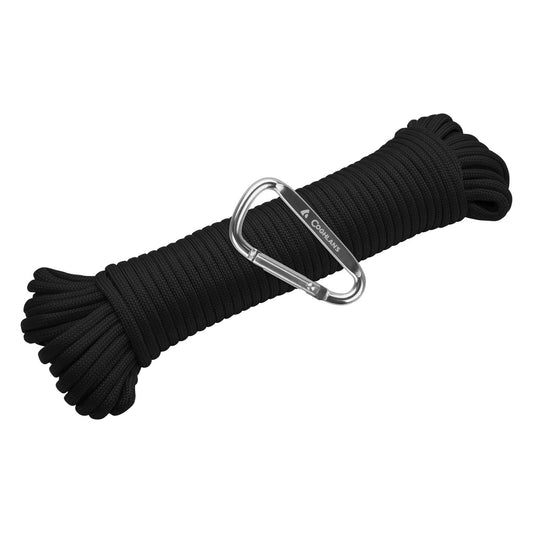 Coghlan’s 50-foot black paracord bundled with a silver-colored carabiner.