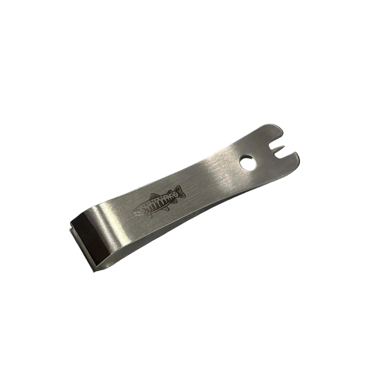 Silver-colored Angler’s Accessories fishing nipper shown against a white background.