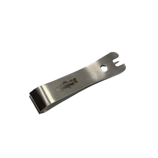 Silver-colored Angler’s Accessories fishing nipper shown against a white background.