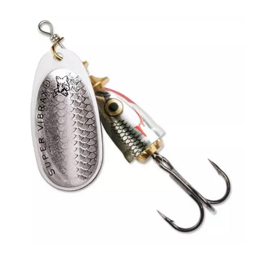 Blue Fox Super Vibrax #1 Silver Fish inline spinner with scale-textured silver blade, fish-head bell body with eye and red gill markings, gold hardware, and sharp treble hook