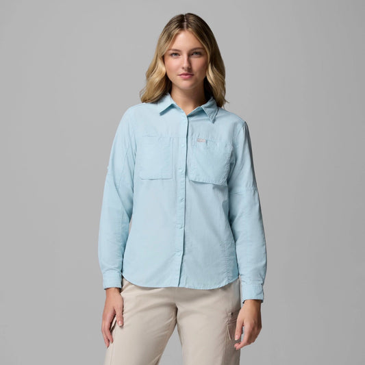 Columbia Skien Valley Women's Long Sleeve Shirt in Light Blue — moisture-wicking UPF outdoor shirt for fishing and hiking