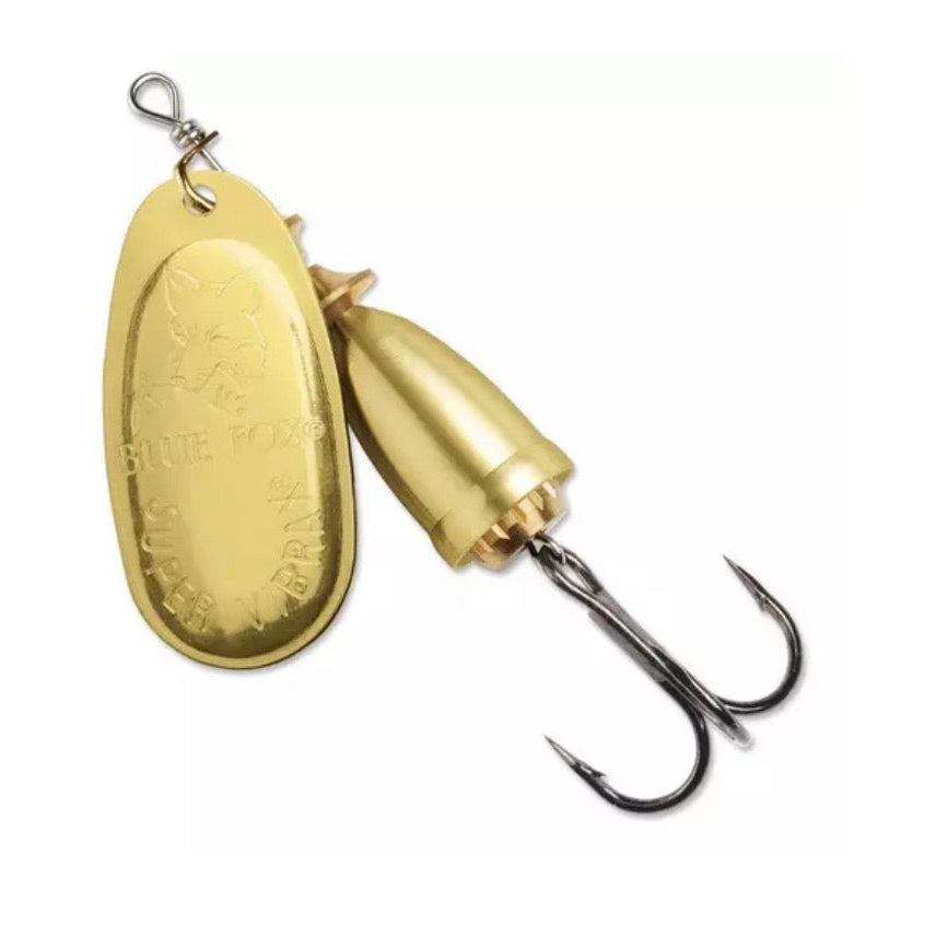 Blue Fox Classic Vibrax #1 Gold inline spinner with smooth gold blade, gold bell body, silver swivel, and sharp treble hook for trout and bass fishing