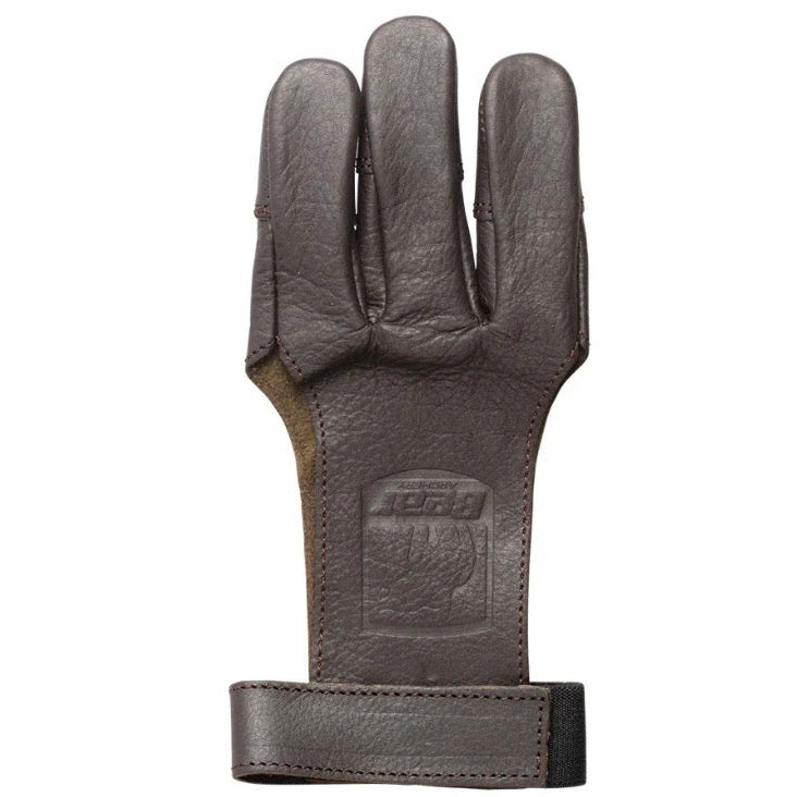 Bear Archery dark brown leather three-finger shooting glove with embossed Bear logo on palm and elastic wrist strap closure for recurve and longbow archers