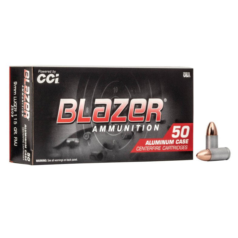 Blazer 9mm 115gr FMJ aluminum case ammunition — 50-round box for range training