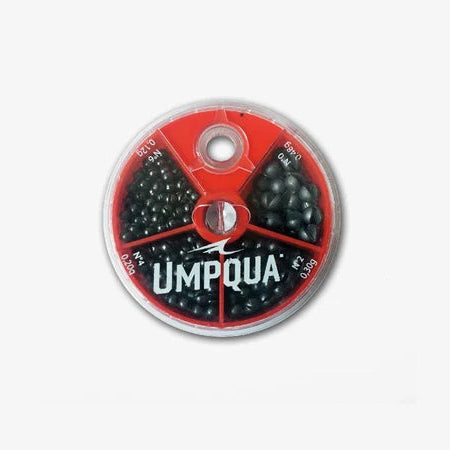 Umpqua lead split shot assortment in a round red compartmented dispenser with a clear lid