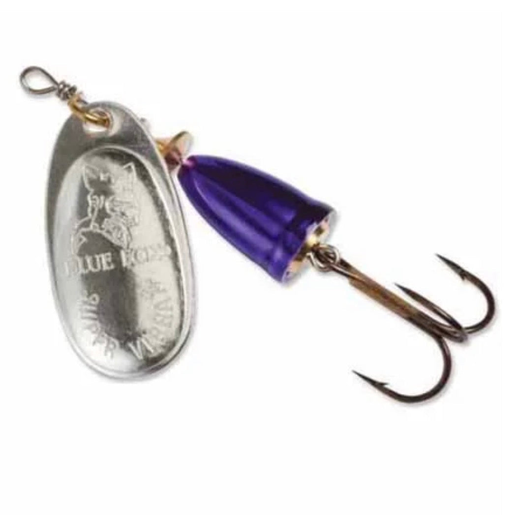 Blue Fox Vibrax #2 Purple inline spinner with silver blade, deep purple bell body, gold hardware, and sharp treble hook for trout and bass fishing