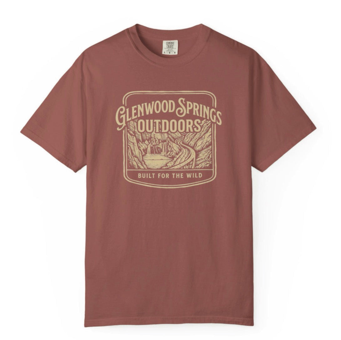 Brown t-shirt with 'Glenwood Springs Outdoors' graphic on a white background