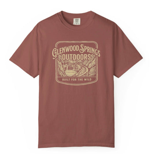 Brown t-shirt with 'Glenwood Springs Outdoors' graphic on a white background