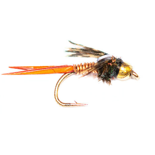 Gold bead Copper John nymph in gold, sizes #16, #18, and #20 — attractor nymph for trout fishing on the Roaring Fork and Frying Pan rivers, available at Glenwood Springs Outdoors, Glenwood Springs, CO