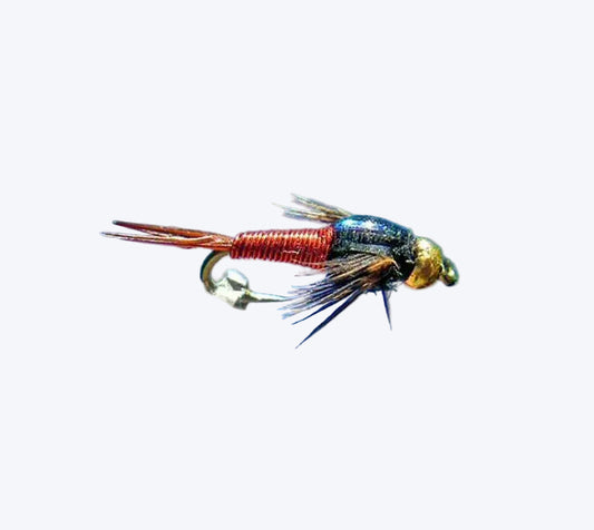 GB Flashback Copper John Red bead head nymph fly, sizes #16–#20, with tungsten bead, red wire body, and gold flashback wing case — trout nymph for the Roaring Fork, Frying Pan, and Colorado River