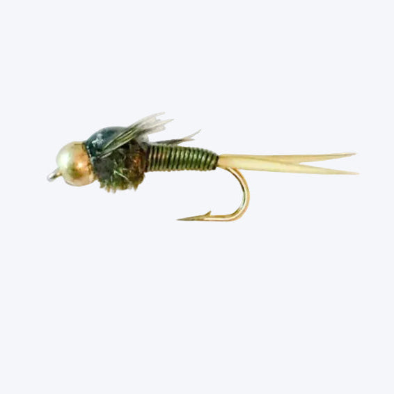 Copper John Olive bead head nymph fly with copper wire body and epoxy wing case