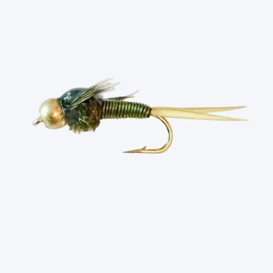Copper John Olive bead head nymph fly with copper wire body and epoxy wing case