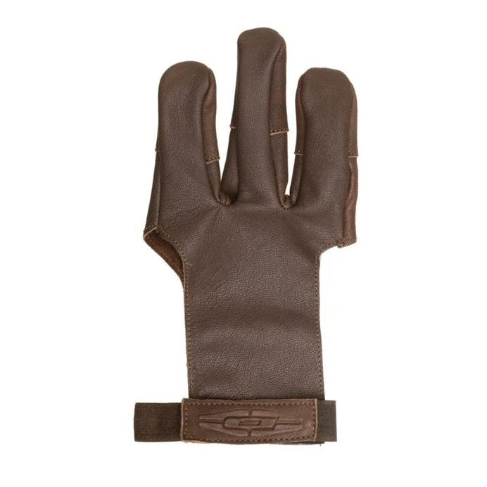 Damascus dark brown leather three-finger archery shooting glove with stitched finger seams, Damascus embossed wrist strap, and adjustable leather closure for recurve and longbow archers