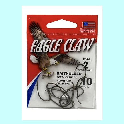 Eagle Claw Bait Holder Hooks – Worm & Chunk Bait, Size 2, Pack of 10