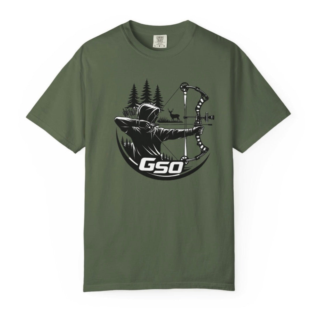 Green t-shirt with hunting graphic and 'GSO' logo on a white background