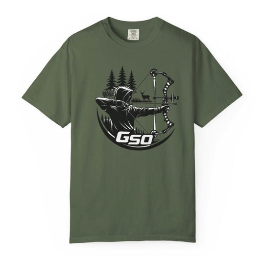 Green t-shirt with hunting graphic and 'GSO' logo on a white background