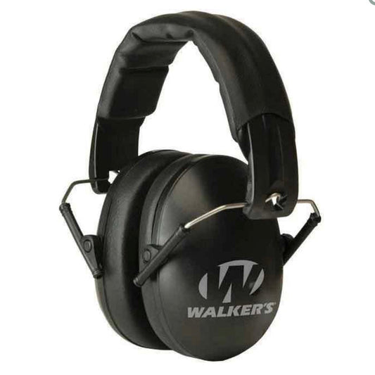 Walker's Pro Low Profile Passive Folding ear muffs — compact foldable shooting hearing protection for range and hunting, available at Glenwood Springs Outdoors