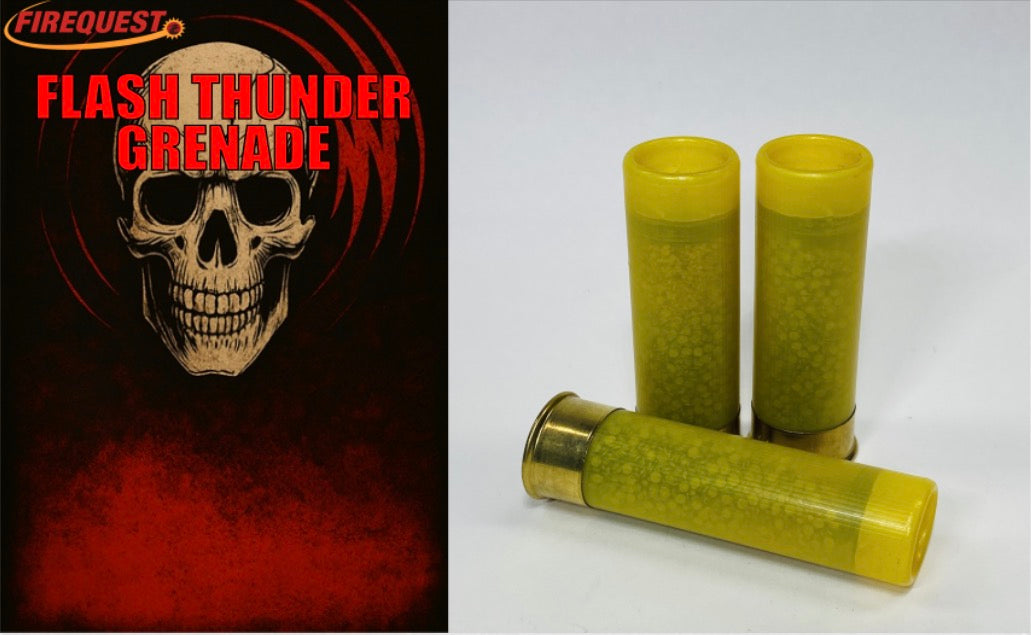 Three yellow shotgun shells beside Firequest Flash Thunder Grenade packaging