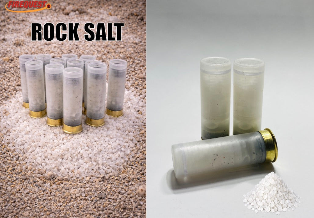 Firequest Rock Salt product graphic showing translucent shotgun shells beside loose white granules.