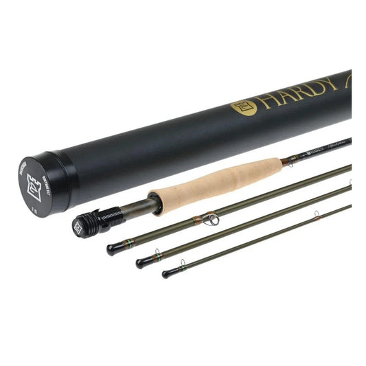 Hardy Marksman 9-foot 4-piece fly rod in olive green with cork grip, Hardy reel seat, and branded rod tube, available in 4wt and 5wt