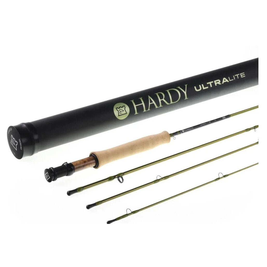 Hardy Ultralite LL 9'2" 4-piece fly rod in olive green with cork grip, wood reel seat insert, and Hardy Ultralite branded rod tube
